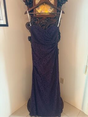 David's Bridal Strapless Lace Gown in Deep Purple
